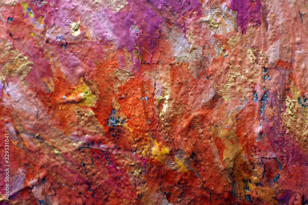 layers of cracked paint. bright red background.