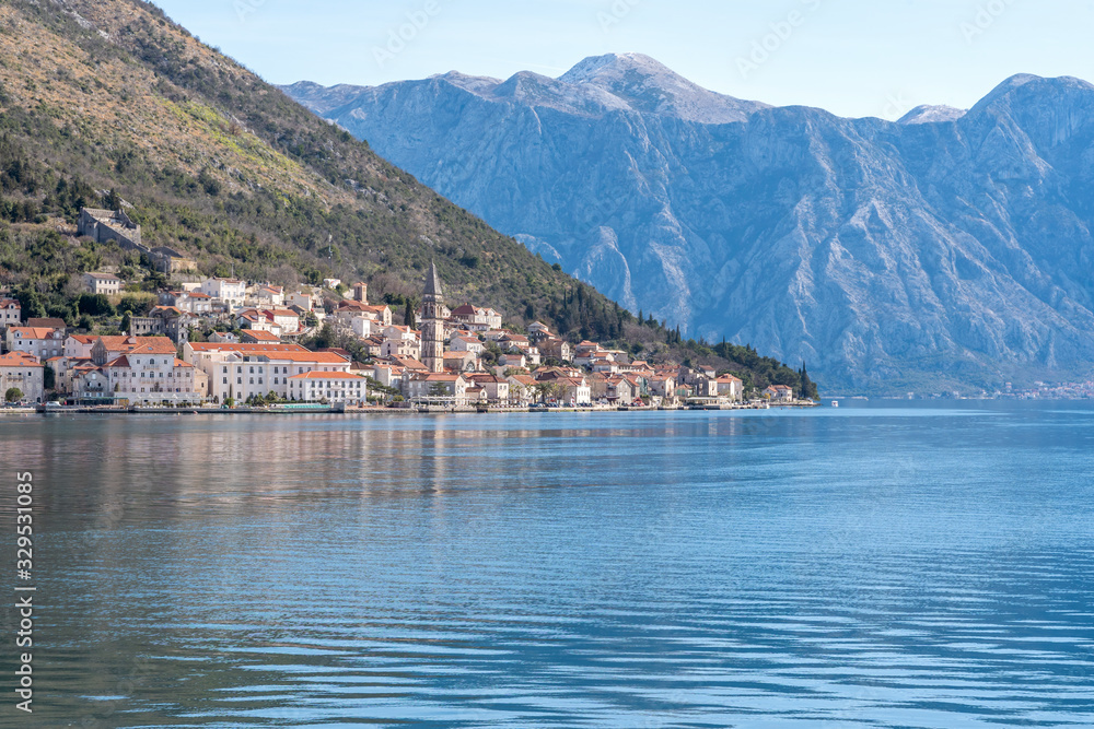 View of city Perast, Kotor bay, Montenegro, Adriatic sea.