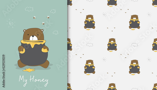 Greeting card illustration of honey bear and repeat pattern in the white backdrop