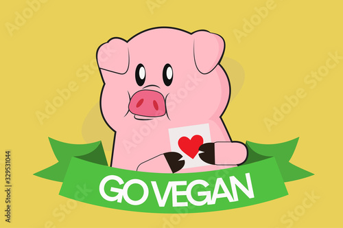 Vector Illustration of a Go Vegan Logo with a Pig and a Drawing of a Heart - Isolated