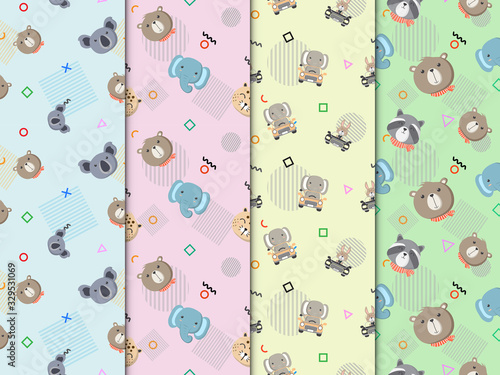 Set of baby pattern with heads of animals and geometric shapes in the soft backdrop