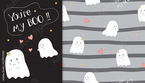 Illustration of cute ghost in the black backdrop and baby pattern in the stipes style