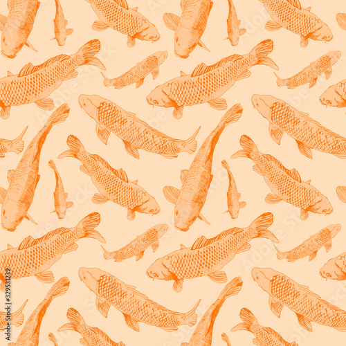 Nature hand draw seamless pattern with gold contour of japanese fish isolated on pink background. Stock vector illustration in Art Deco style can be used for t-shirt print, fabric textile, wrapping