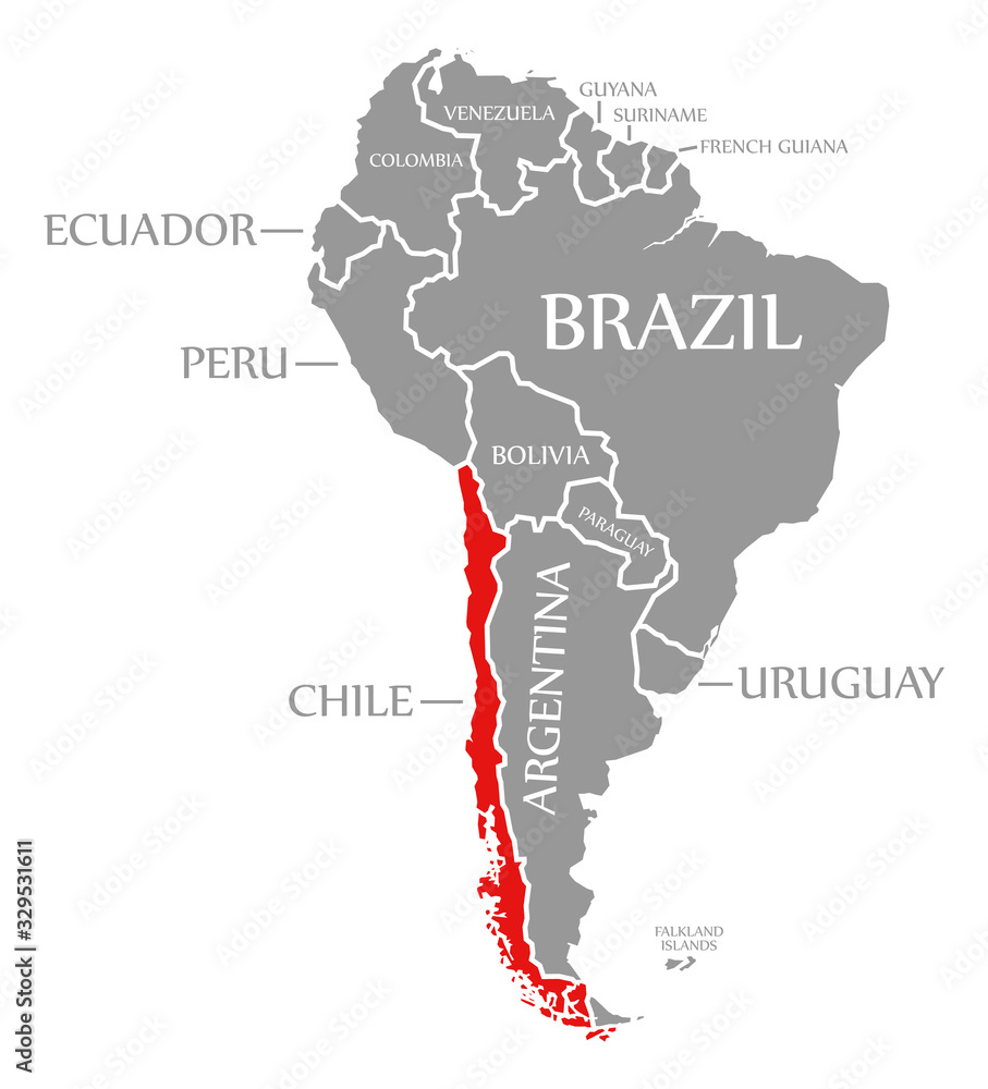 Chile red highlighted in continent map of South America
