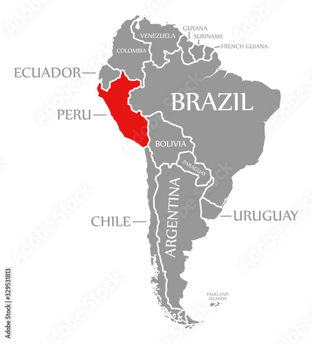 Peru red highlighted in continent map of South America