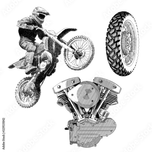 A set of drawings on the theme of a motorcycle. Motorcyclist on a sports bike in a jump, wheel with spokes, engine.