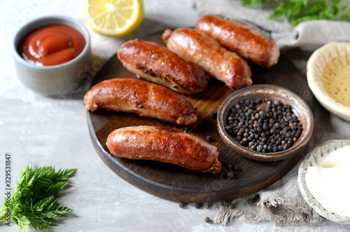 Homemade turkey (chicken) sausages with different sauces