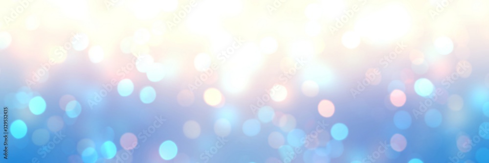 Bokeh pattern holiday banner. Empty background New Year. Blurry texture glitter. Abstract template Christmas. Defocus garland lights. Delicate yellow blue soft gradient. Bokeh pattern holiday banner. Empty background New Year. Blurry texture glitter. Abstract template Christmas. Defocus garland lights. Delicate yellow blue soft gradient.