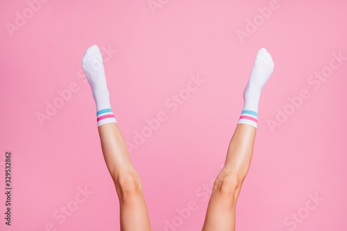 Foto Cropped view of nice attractive lovely long vertical feminine legs wearing white