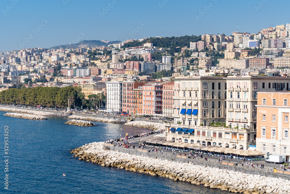Partenope Street in the Naples Bay. Seafront view from the egg castle, Castel dell'ovo, Naples, Campania, Italy