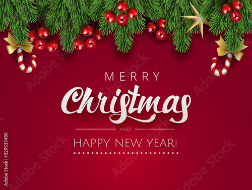 Merry Christmas Happy New Year Typographical card  banner with  elements border frame with season realistic looking christmas fir tree branch decorated with red berries  stars and candy cane with bow