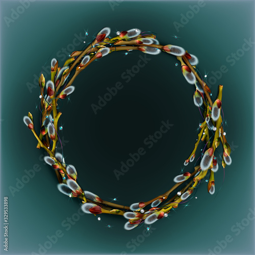 A wreath of realistic willow branches with beautiful bud and fluffy catkins. Decorated with a colored ribbon and shiny beads. Vector round frame.