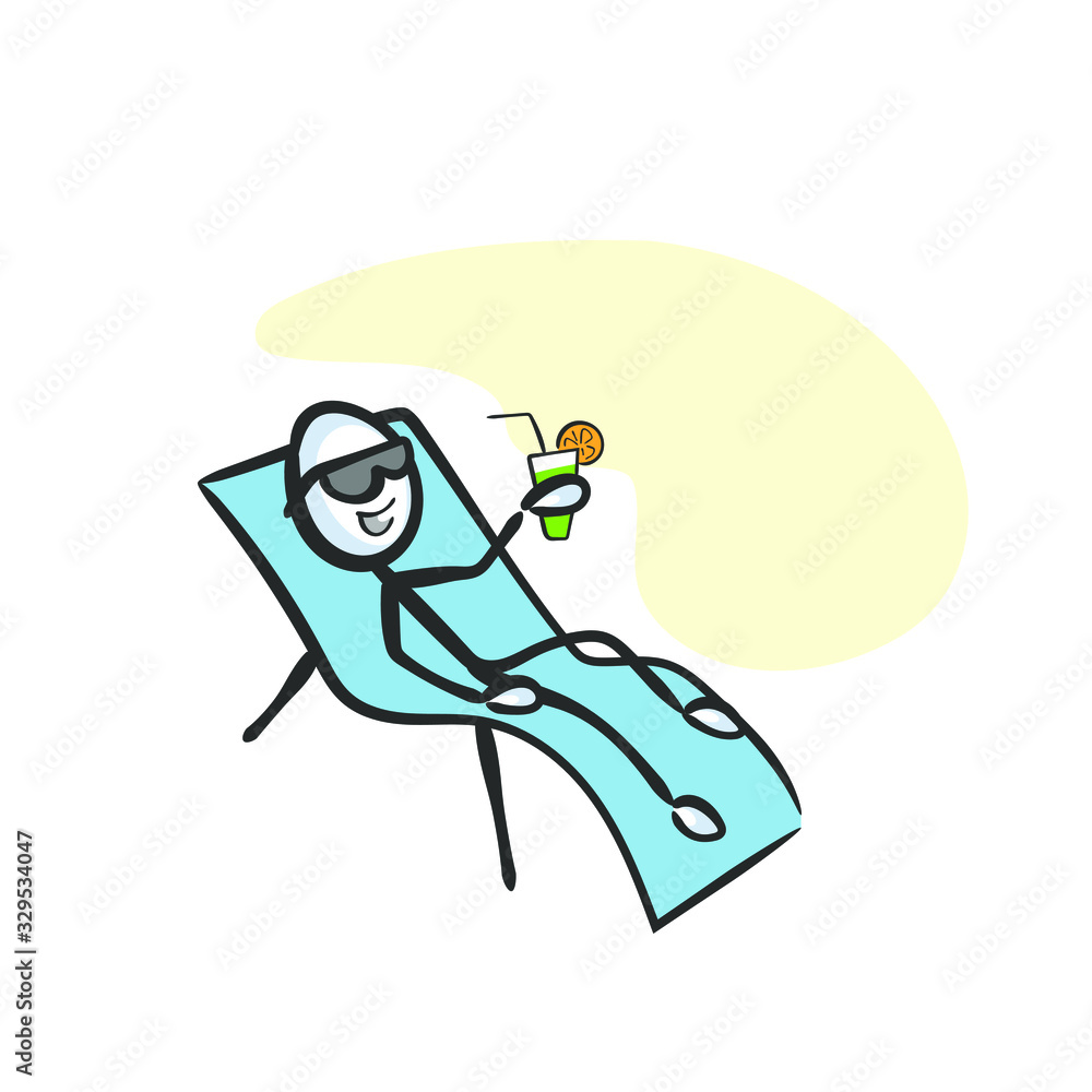 Drinking coctail on sunbed. Resort holiday chill on beach. Tanning on sunny summer day. Hand drawn. Stickman cartoon. Doodle sketch, Vector graphic illustration
