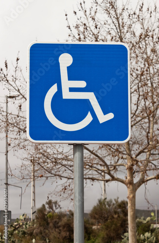 Handiccaped reserved parking lot sign with a tree on background.