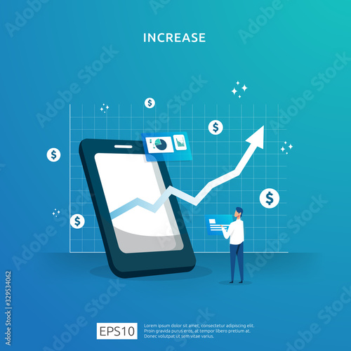 growth up arrow illustration concept for income salary rate increase with people character. business profit sale grow margin revenue with dollar symbol. Finance performance of return on investment ROI