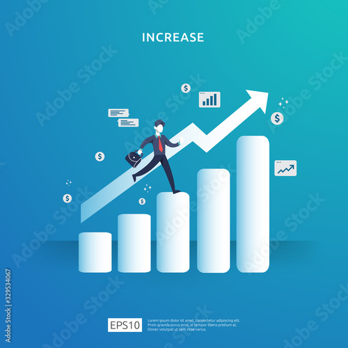 growth up arrow illustration concept for income salary rate increase with people character. business profit sale grow margin revenue with dollar symbol. Finance performance of return on investment ROI