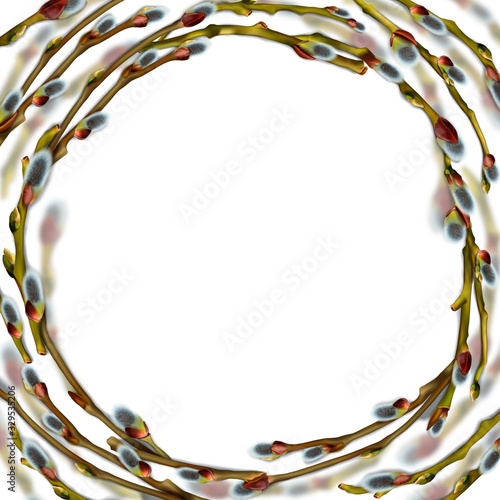 Vector round frame on a white background of realistic willow branches with a beautiful bud and fluffy earrings
