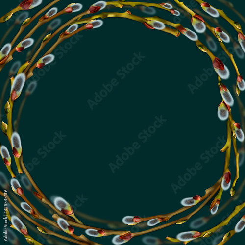  Vector round frame on a turquoise background of realistic willow branches with a beautiful bud and fluffy earrings