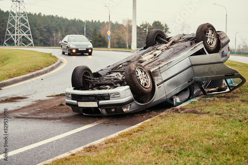 Photos car crash accident on street. damaged automobiles