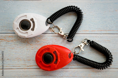 Dog training clicker close up.