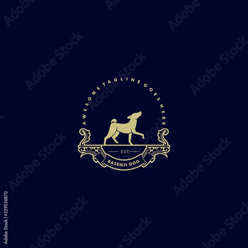 Vector Logo Illustration Dog Pose Vintage Badge Style.