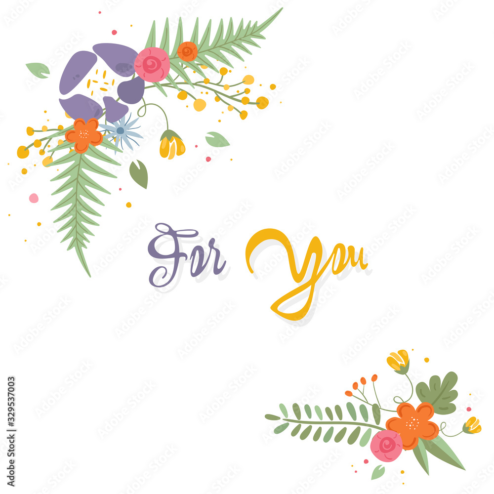 Beautiful color floral card with inscription For you. Doodle greeting сards collection