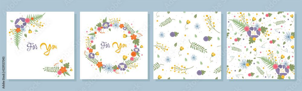 Collection of colorful floral cards and patterns. Beautiful set of cards for invitations, card design, gifts and more