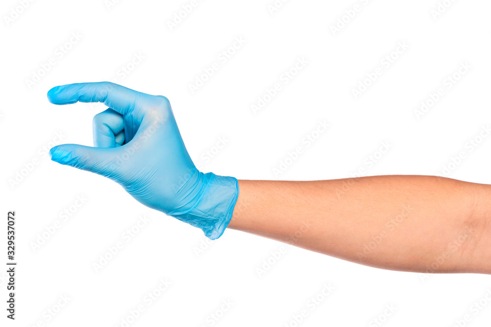 female hand in sterile gloves isolated on white background showing .hand gestures- Image female hand in sterile gloves isolated on white background showing .hand gestures- Image
