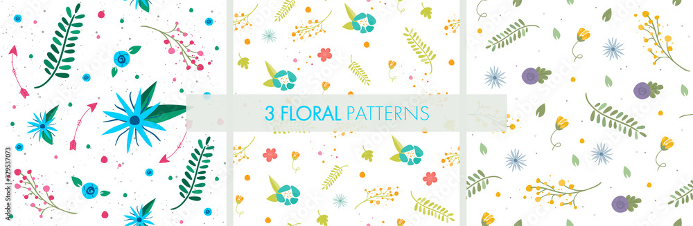 Collection of light floral patterns with flowers and leaves. Ideal for use as a print on fabrics, clothes, dresses, wallpapers, invitations, wrapping paper, postcards and more