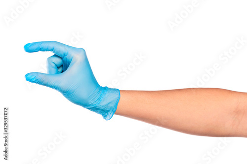 female hand in sterile gloves isolated on white background showing .hand gestures- Image