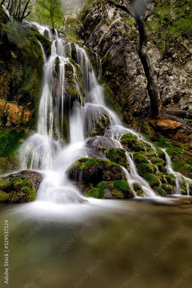 Fototapeta premium Long exposure of a beautiful waterfall with green moss, Beusnita, Cheile Nerei National Park, Romania