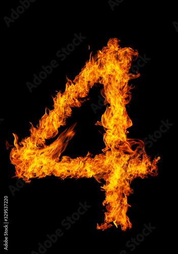 Number 4 font in burning fire isolated on dark background for numeric design purpose