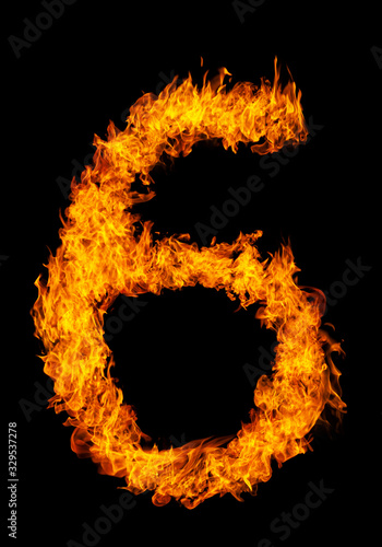 Number 6 font in burning fire isolated on dark background for numeric design purpose