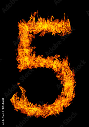 Number 5 font in burning fire isolated on dark background for numeric design purpose