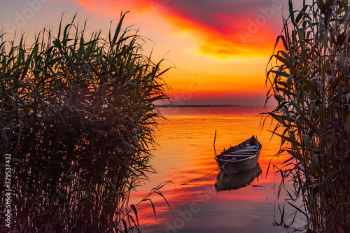 Beautiful morning landscape with a boat on the lake at the sunrise through the reed, Razelm Lake, Razim, Sarichioi, Romania photo