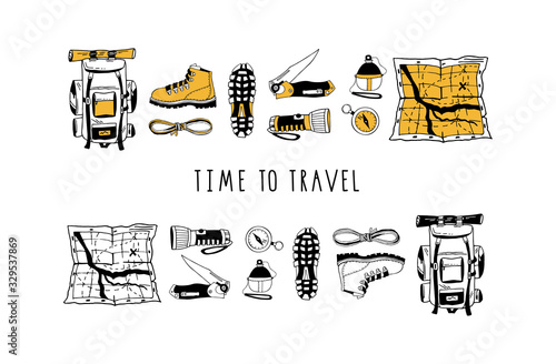 Vector set of hand drawn isolated elements. Hiking gear for camping trips, adventurous backpacking. Backpack, boots, map, flashlight. Modern lettering. Minimal black. Contour and color