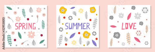 Set of spring and summer abstract floral banners. Summer design concept. Doodle color illustration