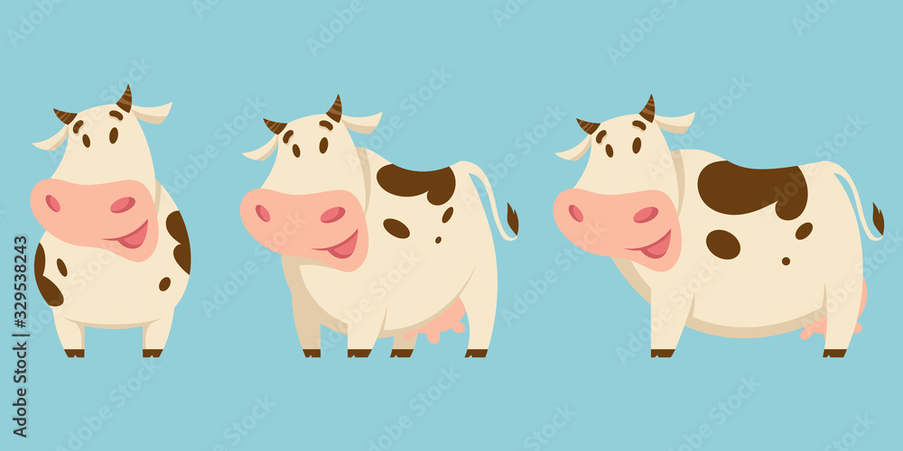 Vector set of cows in different poses. Farm animals in cartoon style.