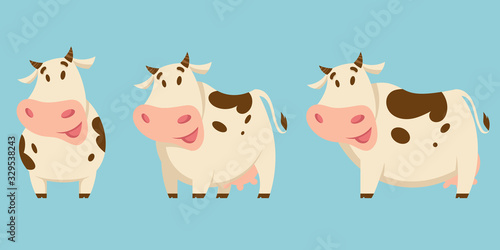 Vector set of cows in different poses. Farm animals in cartoon style.