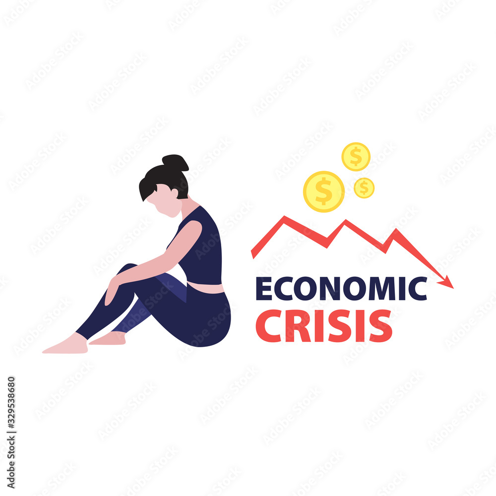 Vector flat illustration of sitting woman investor with red falling arrow and dollars coins. Financial world crisis concept. Down of oil price, market decline, woman investor is in shock