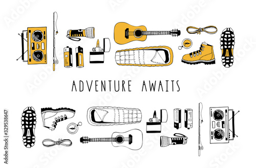 Vector set of hand drawn elements isolated on white. Camping. Boots, flashlight, rope, guitar, sleeping bag, compass, boombox radio receiver, fishing rod. Lettering. Minimal black. Contour and color