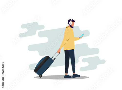 Young businessman with a beard pulling luggage busy with a mobile phone. The concept of rest. Labor balance of life. Digital nomad. Vector flat man with a phone and a suitcase. Man 