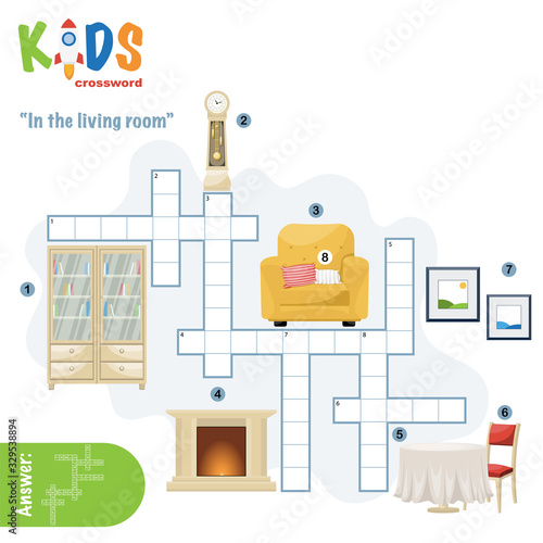 Easy crossword puzzle 'In the living room', for children in elementary and middle school. Fun way to practice language comprehension and expand vocabulary. Includes answers.