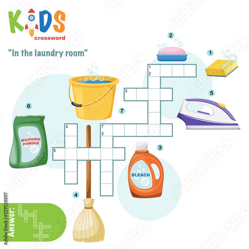 Easy crossword puzzle 'In the laundry room', for children in elementary and middle school. Fun way to practice language comprehension and expand vocabulary. Includes answers.