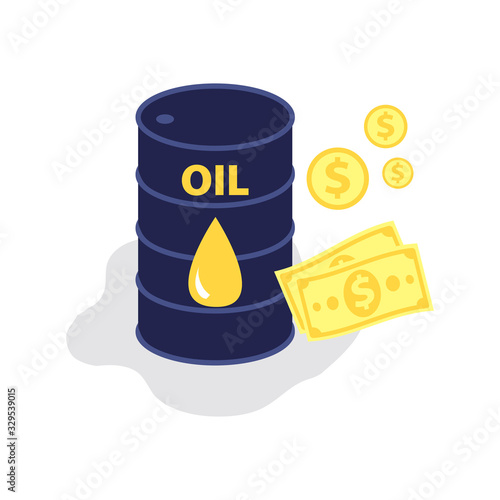 Vector flat illustration of barrel of oil with dollars cash and coins. Financial world crisis concept. Down of oil price, market decline, economy is in shock