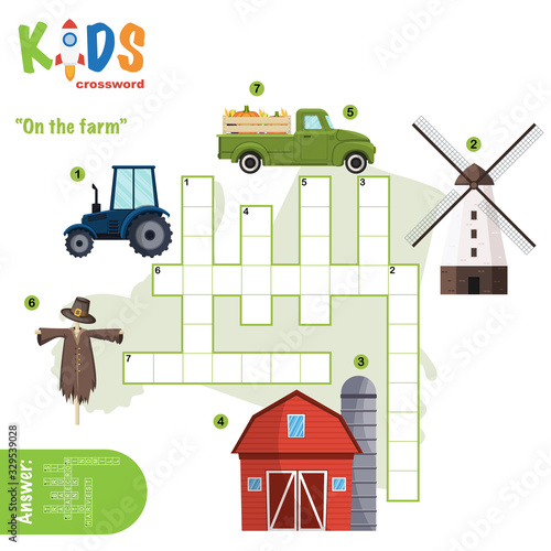 Easy crossword puzzle 'On the farm', for children in elementary and middle school. Fun way to practice language comprehension and expand vocabulary. Includes answers.