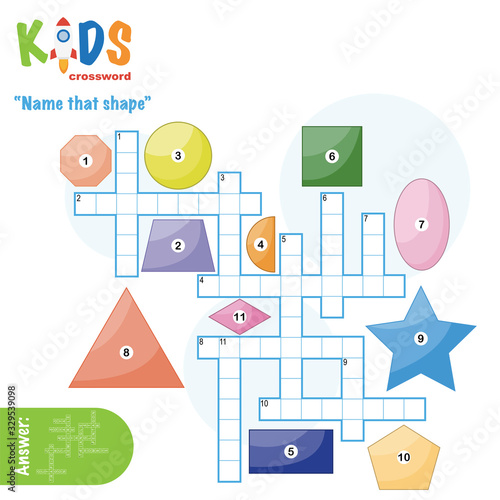 Easy crossword puzzle 'Name that shape', for children in elementary and middle school. Fun way to practice language comprehension and expand vocabulary. Includes answers.