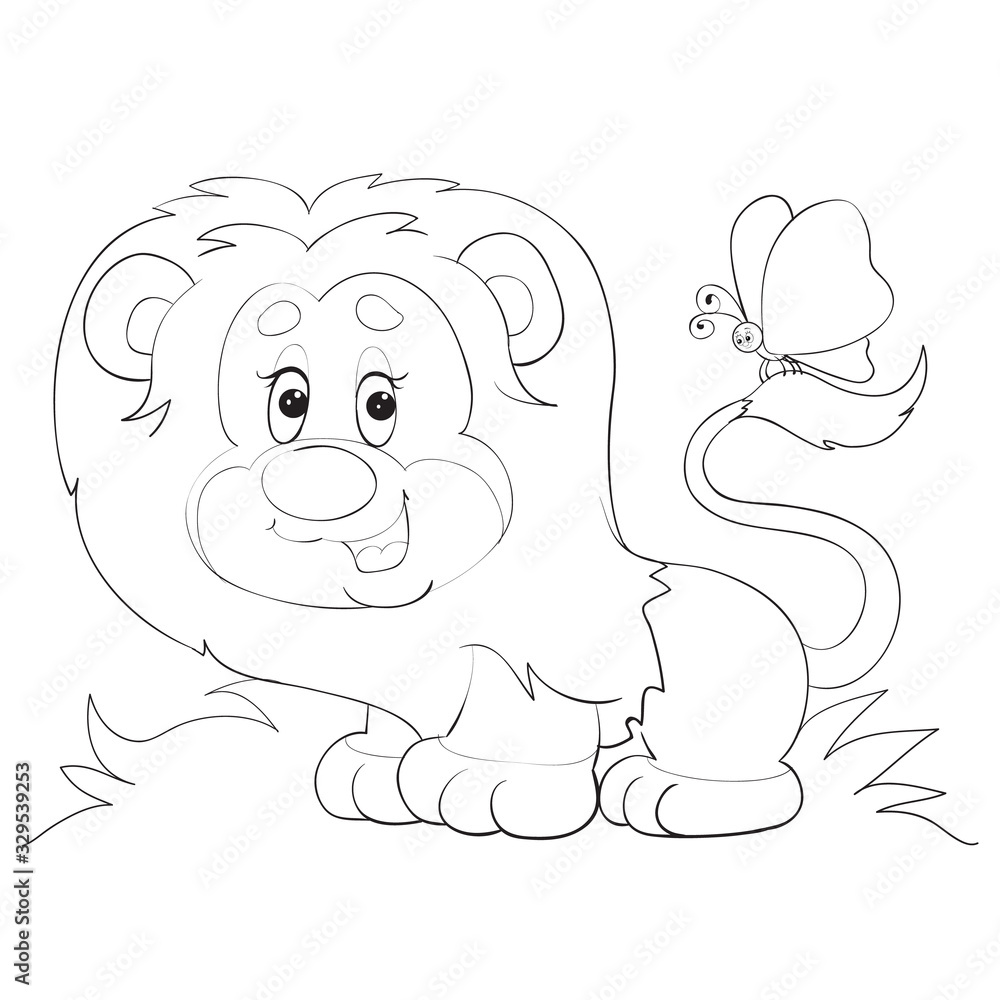 cartoon style little lion cub with a butterfly on its tail drawn in outline, isolated object on a white background, vector illustration, cartoon style little lion cub with a butterfly on its tail drawn in outline, isolated object on a white background, vector illustration,