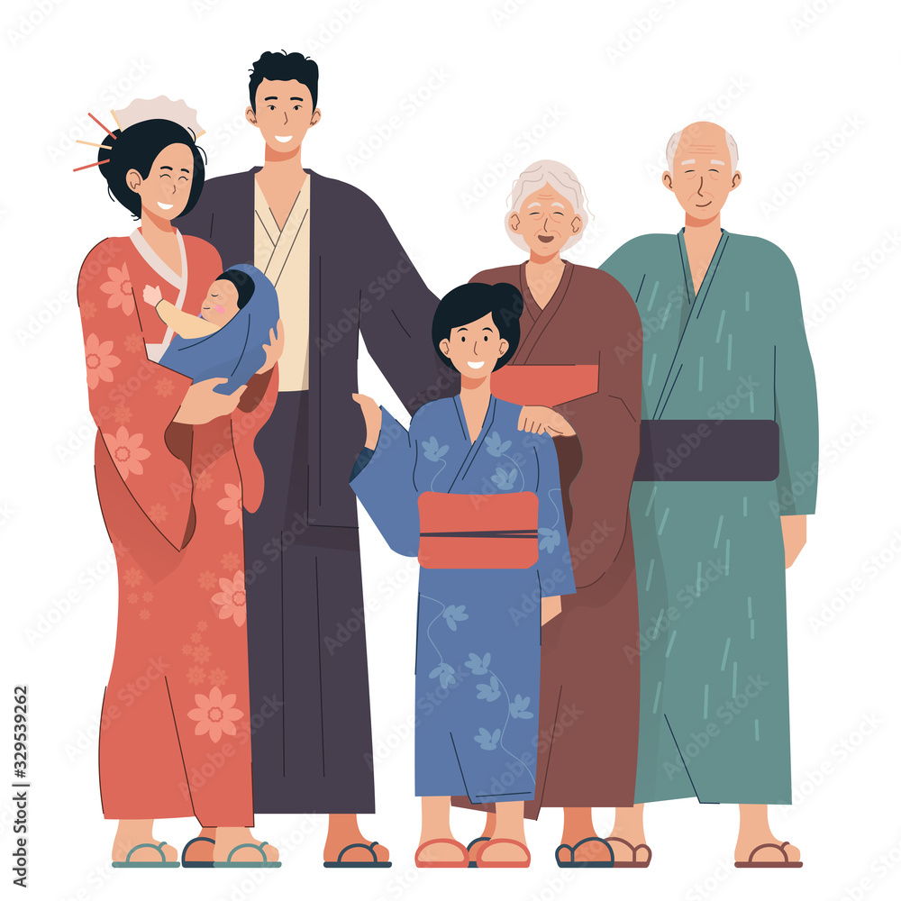 Japanese family portrait. Grandparents, parents and children. Japanese people wearing kimono