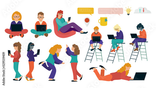 large set of little men with phones laptops in various poses men and women For Website Or Mobile Apps Flat Vector Illustration